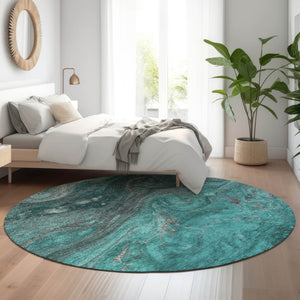 HomeRoots 8' Teal Gray and Ivory Abstract Washable Round Rug - Durable, UV-Protected Design for High-Traffic Areas 650851