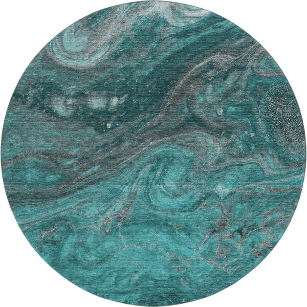 HomeRoots 8' Teal Gray and Ivory Abstract Washable Round Rug - Durable, UV-Protected Design for High-Traffic Areas 650851