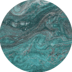 HomeRoots 8' Teal Gray and Ivory Abstract Washable Round Rug - Durable, UV-Protected Design for High-Traffic Areas 650851
