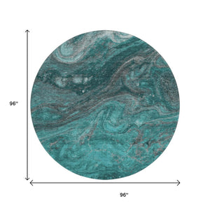 HomeRoots 8' Teal Gray and Ivory Abstract Washable Round Rug - Durable, UV-Protected Design for High-Traffic Areas 650851