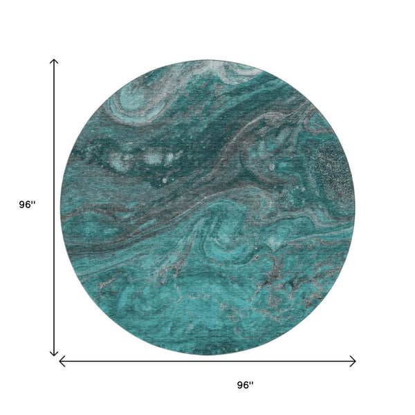 HomeRoots 8' Teal Gray and Ivory Abstract Washable Round Rug - Durable, UV-Protected Design for High-Traffic Areas 650851