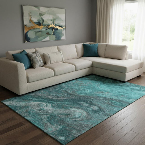 HomeRoots 8' X 10' Washable Teal Gray & Ivory Abstract Area Rug with UV Protection - Perfect for High-Traffic Areas 650852