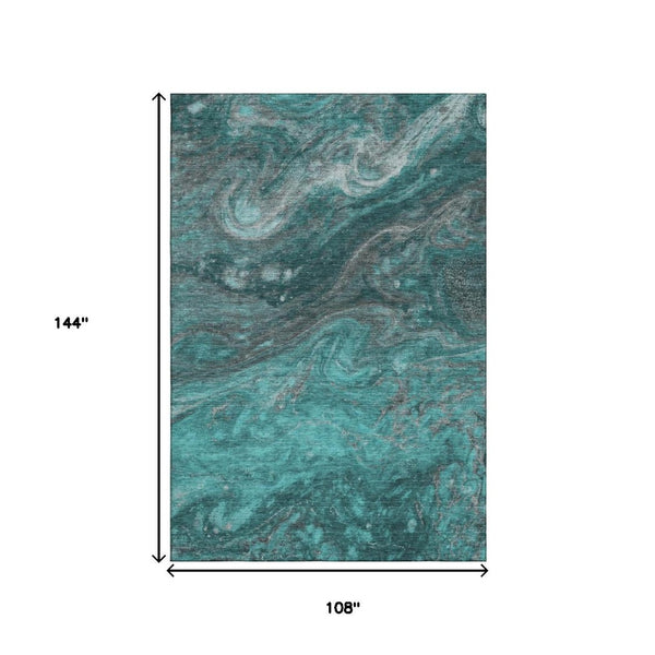 HomeRoots 9' X 12' Teal Gray Ivory Abstract Area Rug - Washable, UV Protected, Durable for Busy Homes 650853