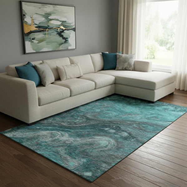 HomeRoots 9' X 12' Teal Gray Ivory Abstract Area Rug - Washable, UV Protected, Durable for Busy Homes 650853