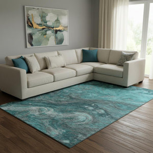 HomeRoots 10' X 14' Contemporary Teal Gray Ivory Abstract Area Rug - Washable, UV Protected & Durable Design 650854