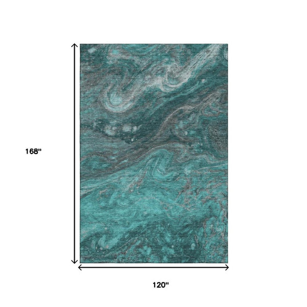 HomeRoots 10' X 14' Contemporary Teal Gray Ivory Abstract Area Rug - Washable, UV Protected & Durable Design 650854