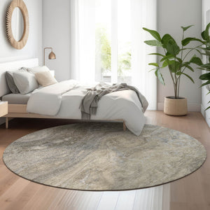 HomeRoots 8' Taupe Gray and Ivory Abstract Round Rug - Washable, Stain Resistant, UV Protected for Modern Spaces 650857