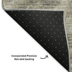 HomeRoots 8' Taupe Gray and Ivory Abstract Round Rug - Washable, Stain Resistant, UV Protected for Modern Spaces 650857