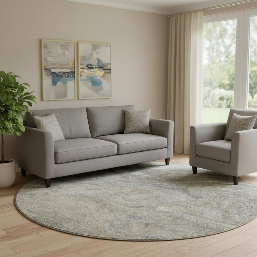 HomeRoots 8' Taupe Gray and Ivory Abstract Round Rug - Washable, Stain Resistant, UV Protected for Modern Spaces 650857