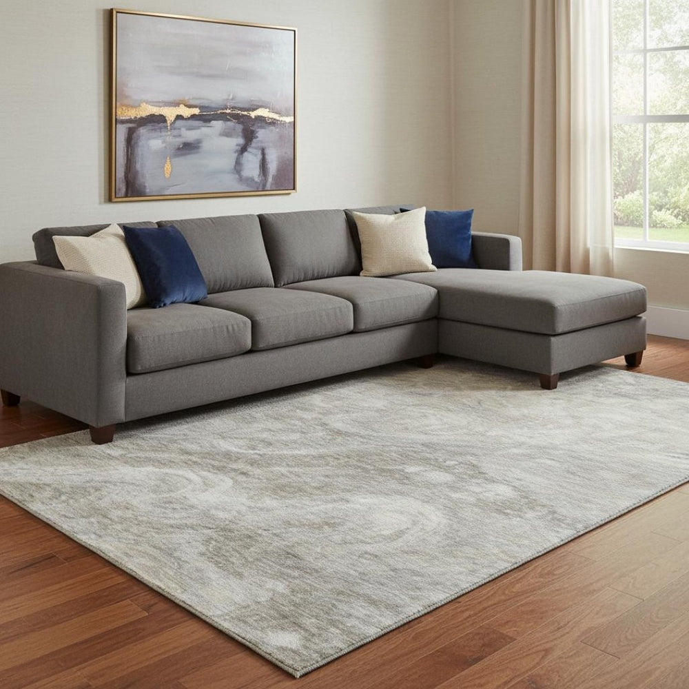 HomeRoots 9' x 12' Washable Taupe Gray & Ivory Abstract Area Rug - Durable, UV-Protected, Perfect for Families! 650859