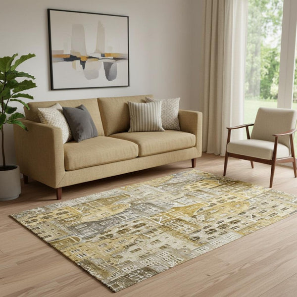 HomeRoots 5' X 8' Abstract Geometric Area Rug in Brown, Gray & Ivory - Washable, UV-Protected, Stylish Design 650862
