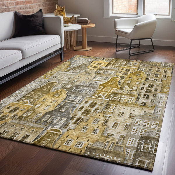 HomeRoots 5' X 8' Abstract Geometric Area Rug in Brown, Gray & Ivory - Washable, UV-Protected, Stylish Design 650862