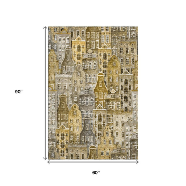 HomeRoots 5' X 8' Abstract Geometric Area Rug in Brown, Gray & Ivory - Washable, UV-Protected, Stylish Design 650862