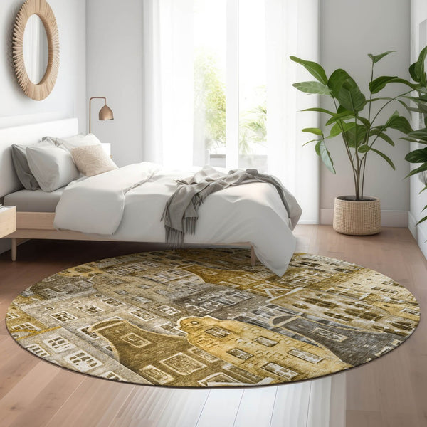 HomeRoots 8' Washable Round Rug in Brown, Gray & Ivory - Modern Abstract Geometric Design with UV Protection 650863