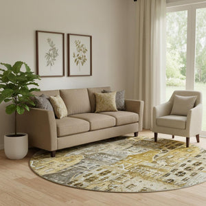 HomeRoots 8' Washable Round Rug in Brown, Gray & Ivory - Modern Abstract Geometric Design with UV Protection 650863