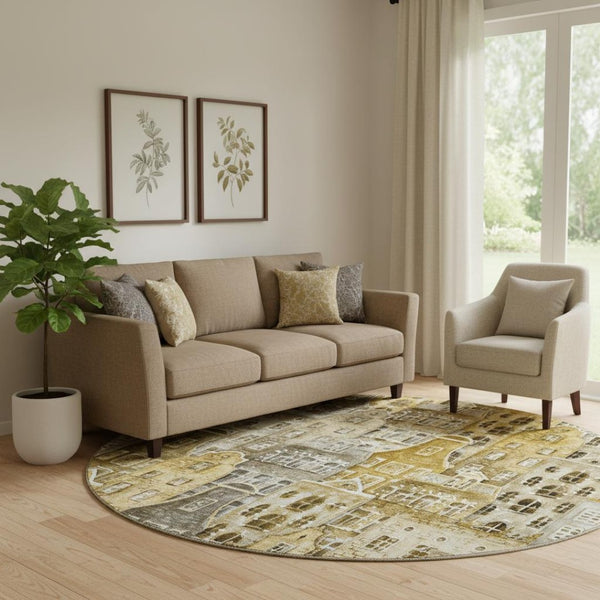 HomeRoots 8' Washable Round Rug in Brown, Gray & Ivory - Modern Abstract Geometric Design with UV Protection 650863