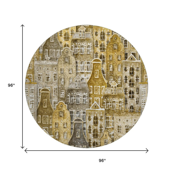HomeRoots 8' Washable Round Rug in Brown, Gray & Ivory - Modern Abstract Geometric Design with UV Protection 650863