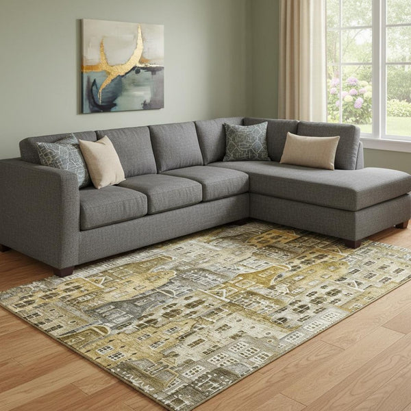 HomeRoots 8' X 10' Brown Gray and Ivory Geometric Area Rug - Washable, UV Protected, Stylish & Durable Design 650864