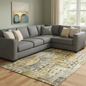 HomeRoots 9' X 12' Washable Brown Gray Ivory Area Rug with Abstract Geometric Design & UV Protection Features 650865