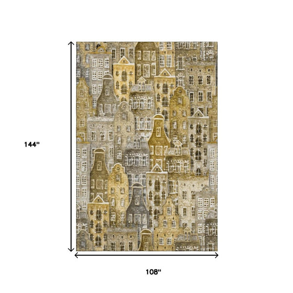 HomeRoots 9' X 12' Washable Brown Gray Ivory Area Rug with Abstract Geometric Design & UV Protection Features 650865