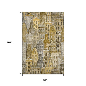 HomeRoots 10' Washable Area Rug in Brown, Gray & Ivory - Abstract Geometric Design with UV Protection & Durability 650866