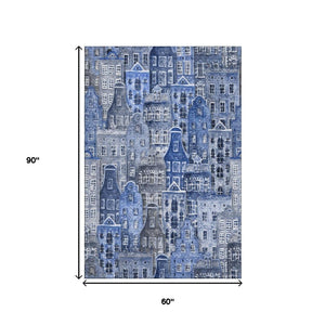 HomeRoots 5' X 8' Abstract Geometric Area Rug in Blue-Gray & Ivory - Washable, Stain Resistant, UV Protected 650868