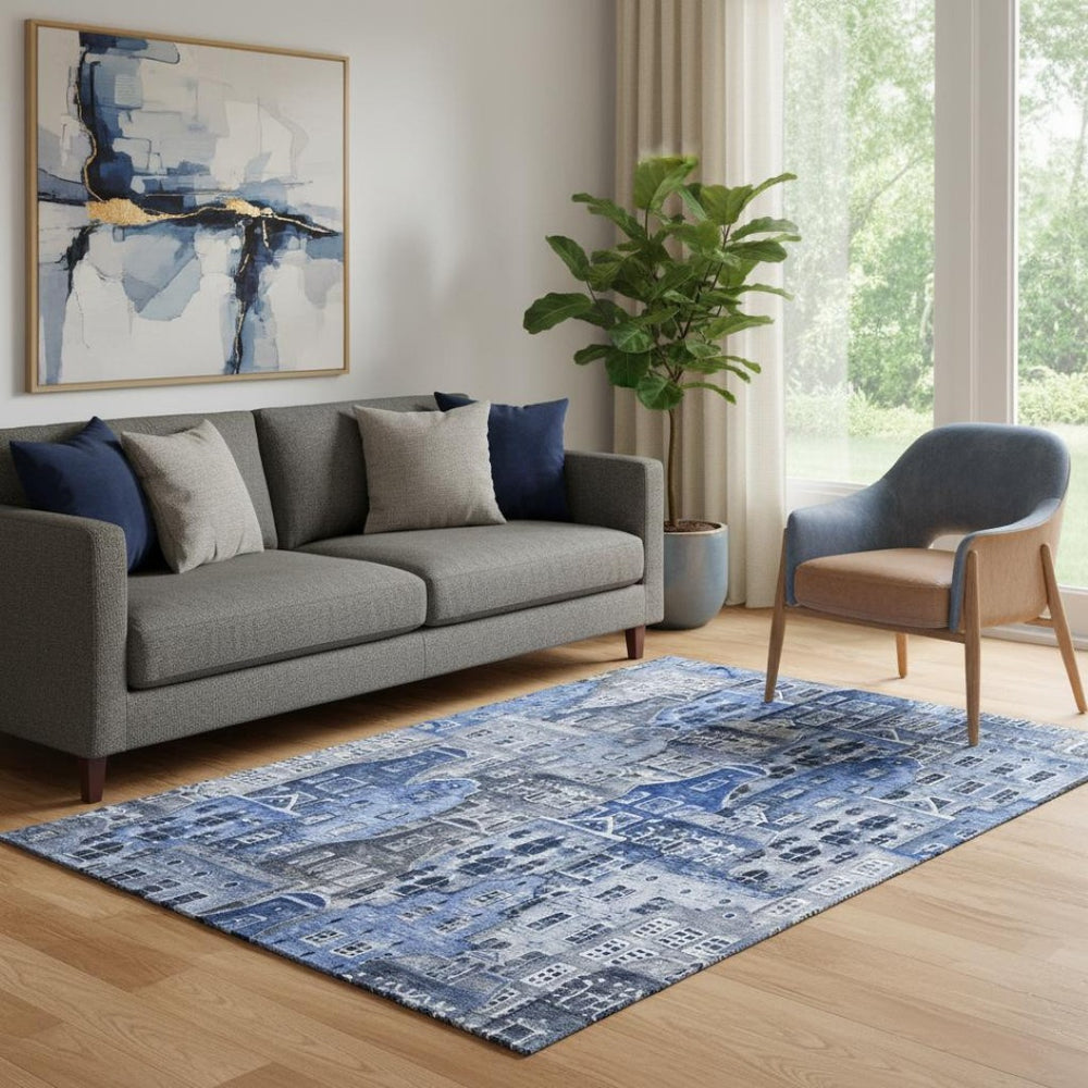 HomeRoots 5' X 8' Abstract Geometric Area Rug in Blue-Gray & Ivory - Washable, Stain Resistant, UV Protected 650868