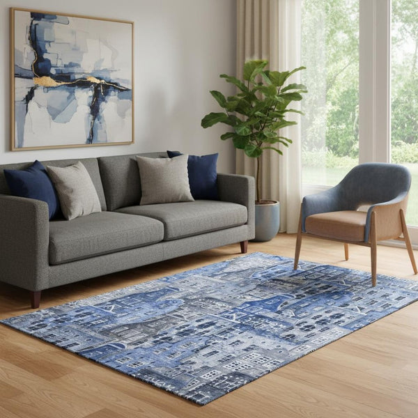 HomeRoots 5' X 8' Abstract Geometric Area Rug in Blue-Gray & Ivory - Washable, Stain Resistant, UV Protected 650868