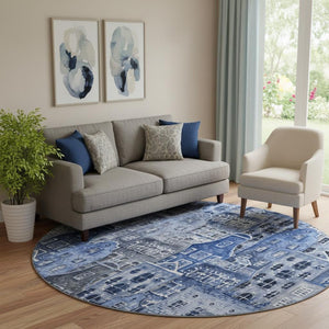 HomeRoots 8' Blue Gray and Ivory Abstract Round Rug - Washable, Stain-Resistant with UV Protection for Home Use 650869
