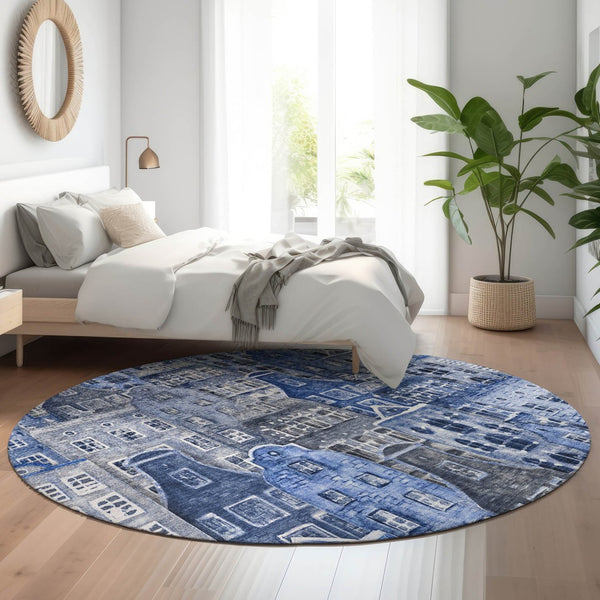 HomeRoots 8' Blue Gray and Ivory Abstract Round Rug - Washable, Stain-Resistant with UV Protection for Home Use 650869