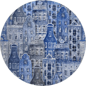 HomeRoots 8' Blue Gray and Ivory Abstract Round Rug - Washable, Stain-Resistant with UV Protection for Home Use 650869