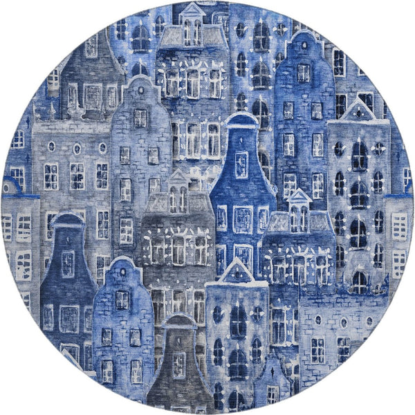 HomeRoots 8' Blue Gray and Ivory Abstract Round Rug - Washable, Stain-Resistant with UV Protection for Home Use 650869