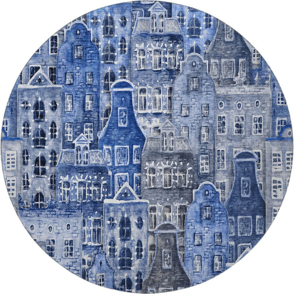 HomeRoots 8' Blue Gray and Ivory Abstract Round Rug - Washable, Stain-Resistant with UV Protection for Home Use 650869
