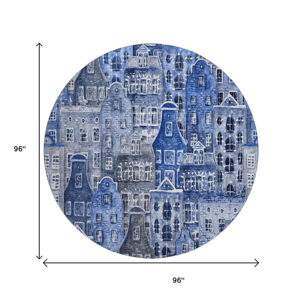 HomeRoots 8' Blue Gray and Ivory Abstract Round Rug - Washable, Stain-Resistant with UV Protection for Home Use 650869