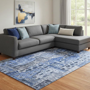 HomeRoots 8' X 10' Washable Blue-Gray and Ivory Geometric Area Rug with UV Protection for Family Spaces 650870