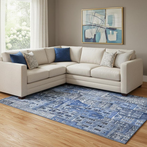 HomeRoots 9' X 12' Blue Gray Ivory Abstract Area Rug - Durable, Washable, UV-Protected for High-Traffic Spaces 650871
