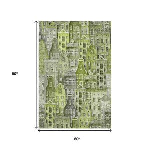 HomeRoots 5' X 8' Stylish Green Gray Ivory Abstract Geometric Area Rug - Washable, UV Protected, Durable Design 650874