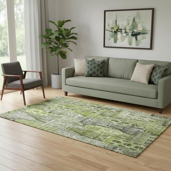 HomeRoots 5' X 8' Stylish Green Gray Ivory Abstract Geometric Area Rug - Washable, UV Protected, Durable Design 650874