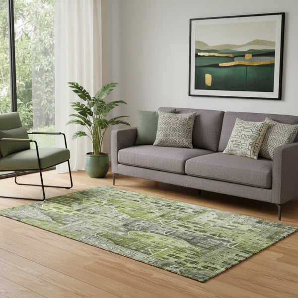 HomeRoots 5' X 8' Stylish Green Gray Ivory Abstract Geometric Area Rug - Washable, UV Protected, Durable Design 650874