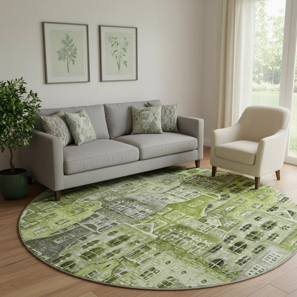 HomeRoots 8' Modern Abstract Geometric Round Rug in Green, Gray & Ivory - Washable, UV-Protected, Stylish Decor 650875