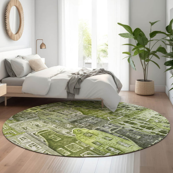 HomeRoots 8' Modern Abstract Geometric Round Rug in Green, Gray & Ivory - Washable, UV-Protected, Stylish Decor 650875