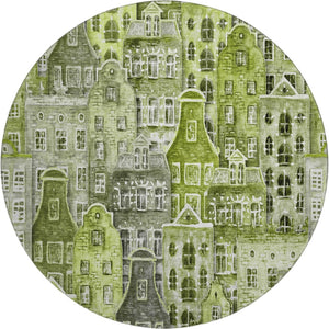 HomeRoots 8' Modern Abstract Geometric Round Rug in Green, Gray & Ivory - Washable, UV-Protected, Stylish Decor 650875