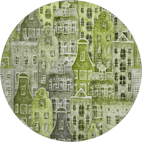 HomeRoots 8' Modern Abstract Geometric Round Rug in Green, Gray & Ivory - Washable, UV-Protected, Stylish Decor 650875