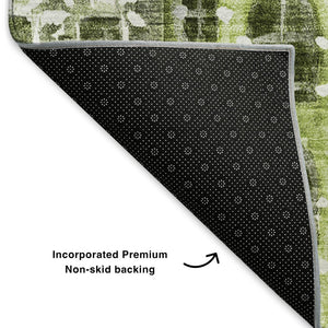 HomeRoots 8' Modern Abstract Geometric Round Rug in Green, Gray & Ivory - Washable, UV-Protected, Stylish Decor 650875