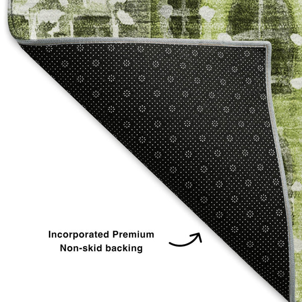 HomeRoots 8' Modern Abstract Geometric Round Rug in Green, Gray & Ivory - Washable, UV-Protected, Stylish Decor 650875