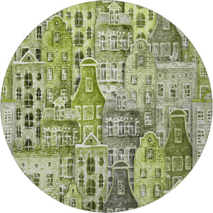 HomeRoots 8' Modern Abstract Geometric Round Rug in Green, Gray & Ivory - Washable, UV-Protected, Stylish Decor 650875