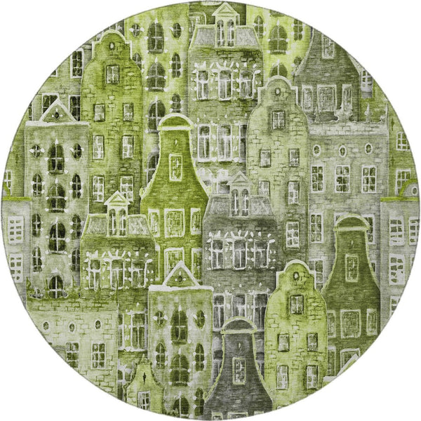 HomeRoots 8' Modern Abstract Geometric Round Rug in Green, Gray & Ivory - Washable, UV-Protected, Stylish Decor 650875