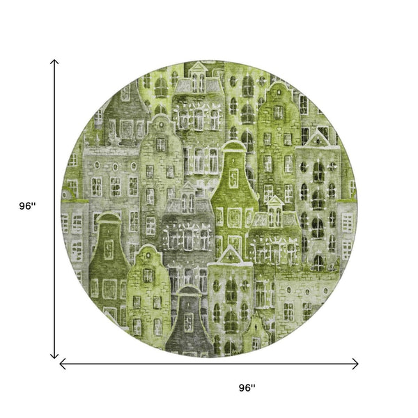 HomeRoots 8' Modern Abstract Geometric Round Rug in Green, Gray & Ivory - Washable, UV-Protected, Stylish Decor 650875