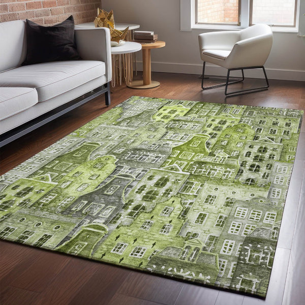 HomeRoots 8' X 10' Stylish Green Gray Ivory Abstract Washable Area Rug - Durable, UV Protected, Easy Care! 650876