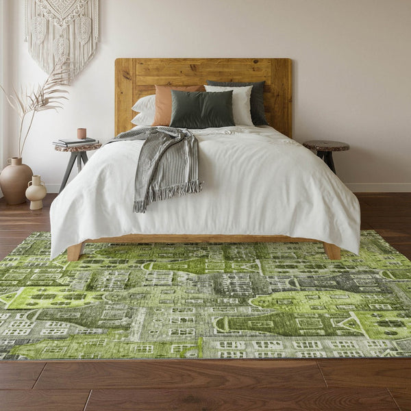 HomeRoots 8' X 10' Stylish Green Gray Ivory Abstract Washable Area Rug - Durable, UV Protected, Easy Care! 650876
